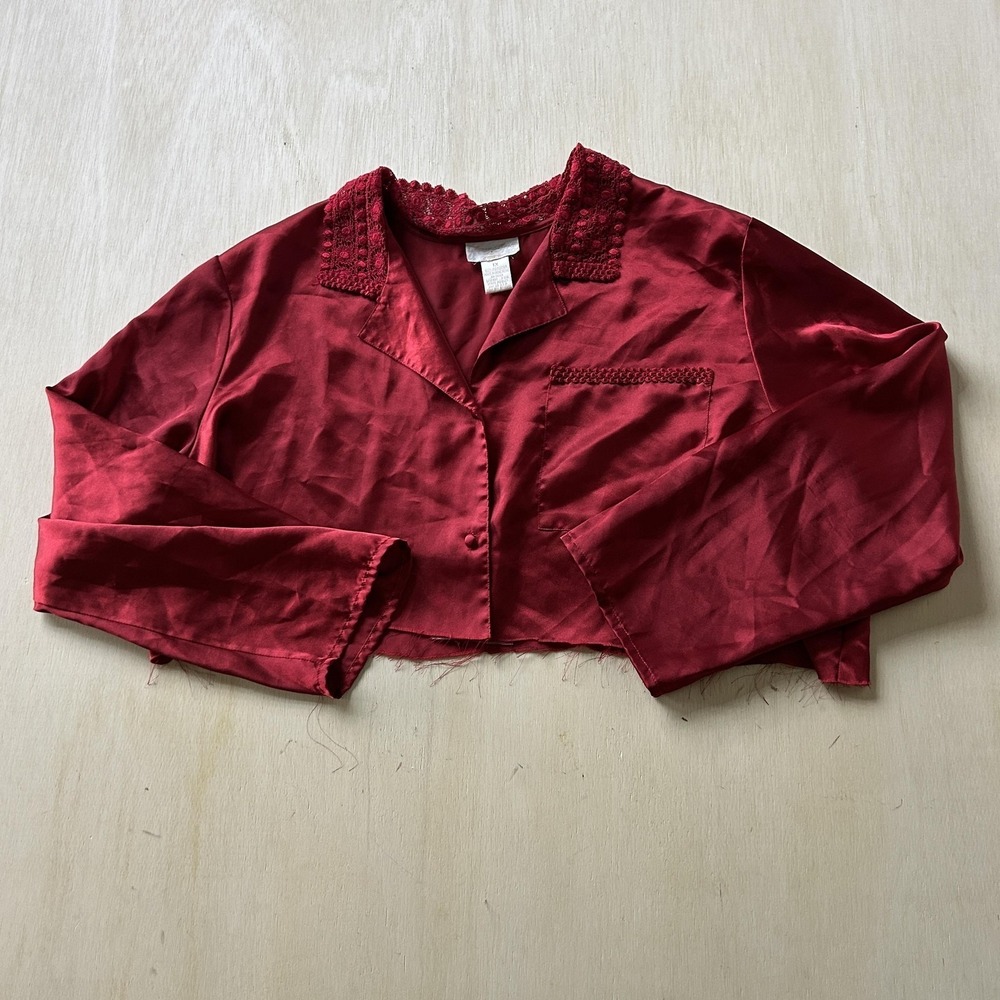 Vintage Mode Pajama Top Womens 1X Plus Red Satin Crochet Collar Button Sleepwear